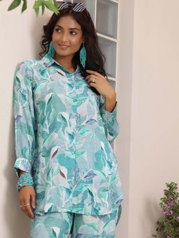 Libas - Blue Floral Printed Front Open Tunic with Palazzo (Set of 2)