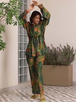 Libas - Green Floral Printed Front Open Shirt with Trouser (Set of 2)