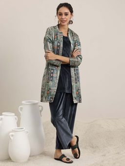 Libas - Grey Solid Sleeveless Velvet Tunic with Palazzo and Jacket (Set of 3)