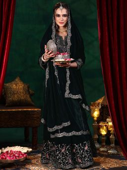 Libas - Green Velvet Embroidered Kurta sets for Women