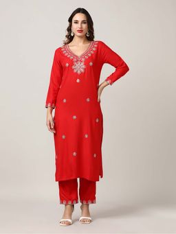 Jaipur Kurti - Straight Embroidered Kurta with Trouser (Set of 2)