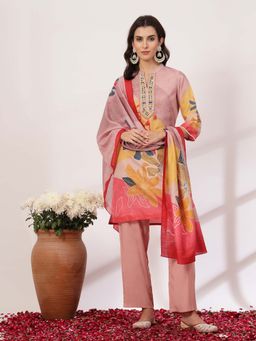 Nayam by lakshita - Floral Embroidered A-Line Linen Kurta and Palazzo with Dupatta (Set of 3)