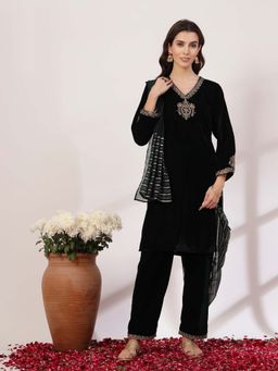 Nayam by lakshita - Solid Embroidered Velvet Kurta and Palazzo with Dupatta (Set of 3)