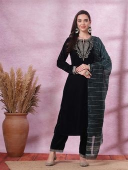 Nayam by lakshita - Solid Embroidered Velvet Straight Kurta and Palazzo with Dupatta (Set of 3)