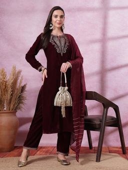 Nayam by lakshita - Solid Embroidered Velvet Straight Kurta and Palazzo with Dupatta (Set of 3)