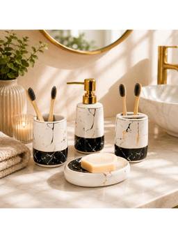 Voncasa - Ceramic Bathroom Set Glossy White and Black with Sophisticated Marble Finish Design, 300ML