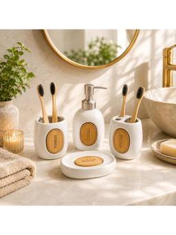 Voncasa - Ceramic Bathroom Set Glossy White with Sophisticated Classic Text Pattern, 400 ML Capacity