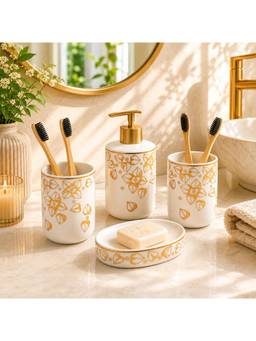 Voncasa - Ceramic Bathroom Set Glossy White and Golden with Sophisticated Leaf Design