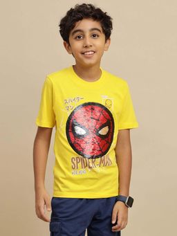 Kidsville - Official Yellow Spiderman Printed Regular Fit Reversible Sequin T-shirt