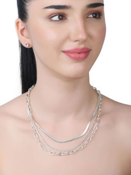 Lilly & Sparkle - Silver Statement Three Layered Necklace with Cup Chain and Stud Earrings (Set of 2)