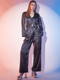 STREET 9 - Women Black Satin Top With Pant And Shrug