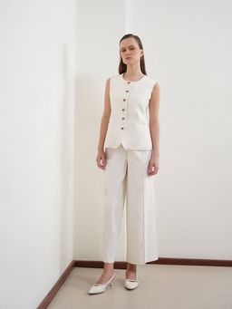 Pink Fort - Women Off White Cotton Linen Waistcoat And Pant
