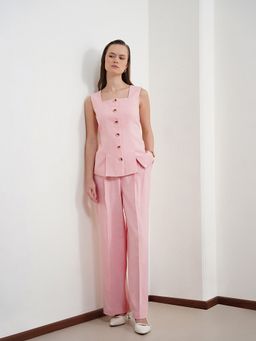 Pink Fort - Women Pink Cotton Linen Waistcoat And Pant