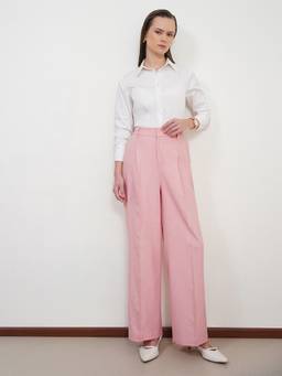 Pink Fort - Women Pink Cotton Linen Wide Leg Trousers