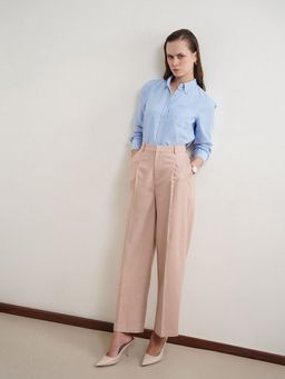 Pink Fort - Women Beige Cotton Linen Wide Leg Trousers