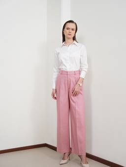 Pink Fort - Women Pink Cotton Linen Wide Leg Trousers
