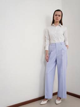 Pink Fort - Women Blue Cotton Linen Wide Leg Trousers