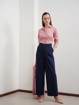 Pink Fort - Women Navy Blue Cotton Linen Wide Leg Trousers