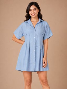 KASSUALLY - Women Cotton Women Blue Chambray Solid Shirt Dress