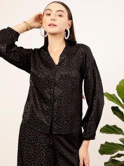 STREET 9 - Women Black Self Design Satin Shirt