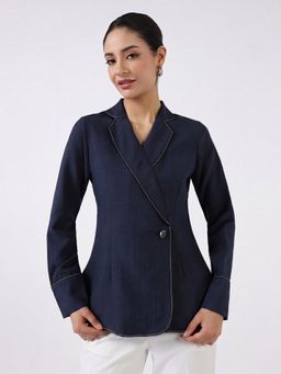 Powersutra - Women Navy Blue Blazer Style Top
