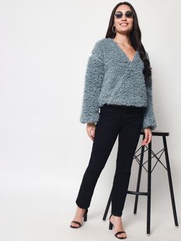 Beatnik - Women Blue Wrap V-Neck Full Sleeve Top