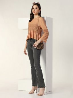 Beatnik - Women Brown Peplum Round Neck Three Fourth Sleeves Top