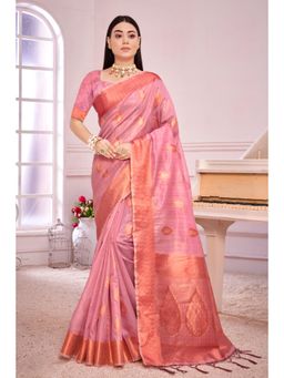 Sangam Prints - Pink Organza Woven Zari Work Traditional Tassel Saree with Unstitched Blouse