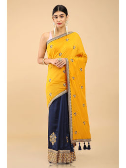 Soch - Mustard Tussar Embroidered Saree with Unstitched