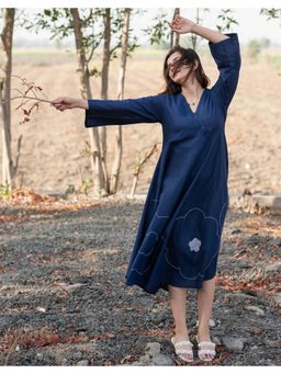 Babli - Women Royal Blue Cotton Flare Dress