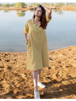 Babli - Women Biscotti Yellow Cotton Weave Dress