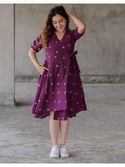 Babli - Women Wine Regal Grape Cotton Weave Wrap Dress