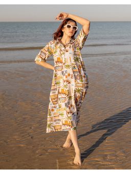 Babli - Women Beige Bohemian Cotton Safari Dress