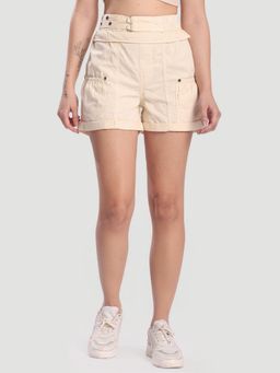 Bene Kleed - Women Cream Relaxed with Frilled Waist Band and Straps Shorts