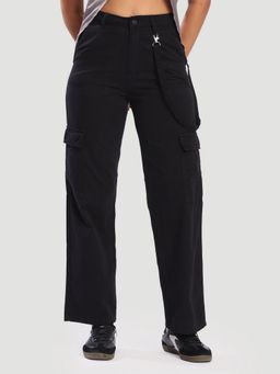 Bene Kleed - Women Black Straight Fit Pant with Side Detachable Loop Hanging