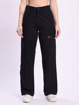 Bene Kleed - Women Black Straight Fit High-Rise Cotton Cargo Pant