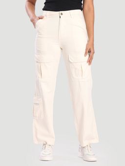Bene Kleed - Women Off White Straight Fit High-Rise Cotton Cargo Pant
