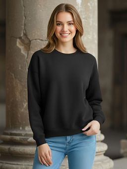 LEOTUDE - Women Black Fleece Solid Regular Fit Sweatshirt
