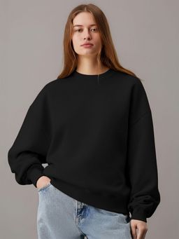 LEOTUDE - Women Black Fleece Solid Loose Fit Sweatshirt