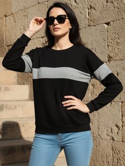 LEOTUDE - Women Black Fleece Colorblock Regular Fit Sweatshirt