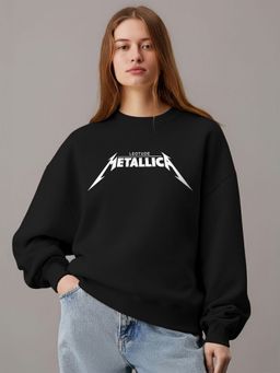 LEOTUDE - Women Black Fleece Typography Loose Fit Sweatshirt