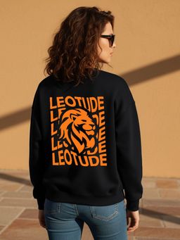 LEOTUDE - Women Black Fleece Typography Loose Fit Sweatshirt
