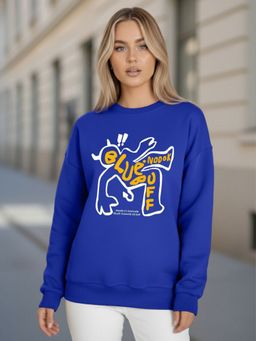 LEOTUDE - Women Blue Fleece Typography Regular Fit Sweatshirt