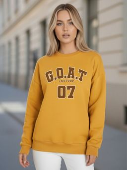 LEOTUDE - Women Mustard Fleece Typography Regular Fit Sweatshirt