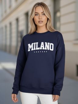 LEOTUDE - Women Navy Blue Fleece Typography Regular Fit Sweatshirt