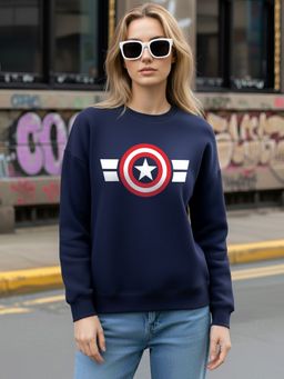 LEOTUDE - Women Navy Blue Fleece Graphic Regular Fit Sweatshirt