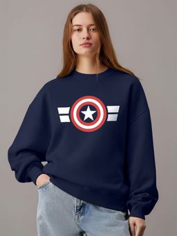 LEOTUDE - Women Navy Blue Fleece Graphic Loose Fit Sweatshirt