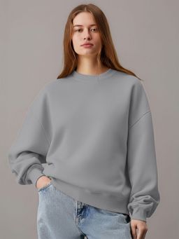 LEOTUDE - Women Grey Fleece Solid Loose Fit Sweatshirt