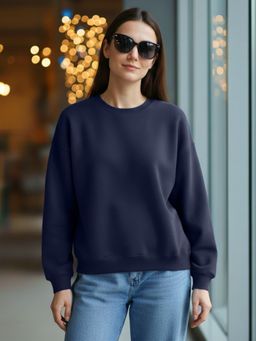 LEOTUDE - Women Navy Blue Fleece Solid Regular Fit Sweatshirt