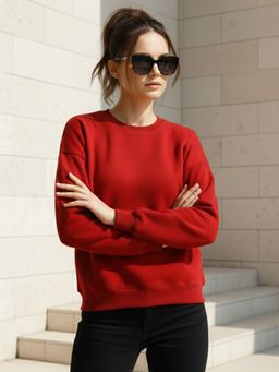 LEOTUDE - Women Red Fleece Solid Regular Fit Sweatshirt